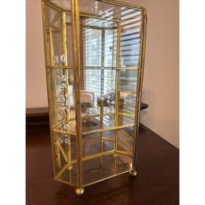 10"  VNTG Etched Floral Glass Brass Mirrored Curio Display Cabinet Tabletop Foot